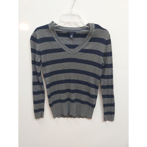 Tommy Hilfiger Women's V-Neck Sweater  Gray and Navy Blue Size Medium - Picture 1 of 11